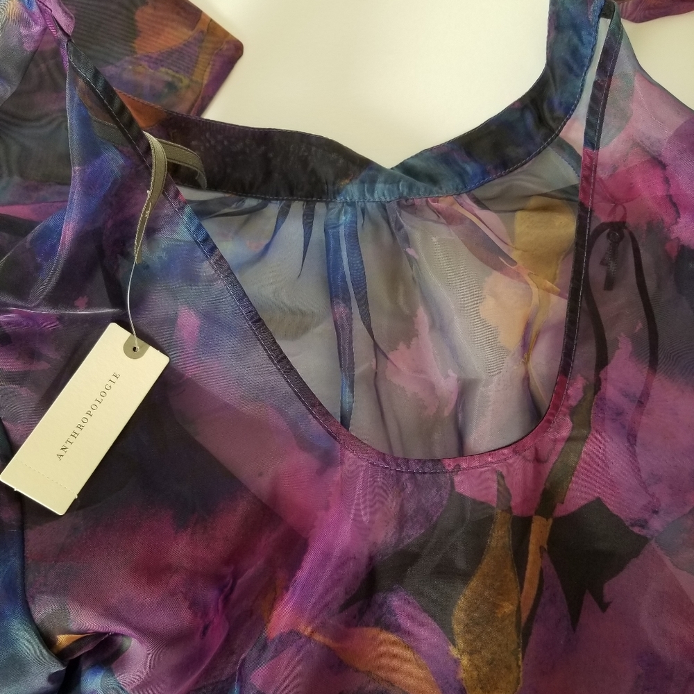 Anthropologie Organza Back Bow Puff Sleeve Blouse Size XS Black Purple B… - Picture 7 of 14